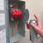 El aerosol inhibidor de corrosión eléctrica ZERUST Axxanol 718-ESS aplicado en un panel eléctrico muestra su película protectora que no mancha contra ambientes corrosivos.