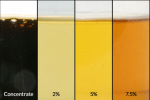 Concentrado de Axxatec 80C y sus diluciones al 2%, 5% y 7,5%.