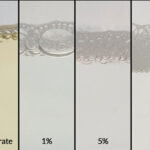 Concentrado químico ZERUST AxxaWash KF-124 junto con diluciones al 1%, 5% y 10% en envases transparentes, lo que demuestra su versatilidad como desengrasante a base de agua.