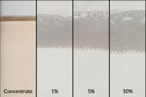 Concentrado ZERUST AxxaWash KMS-310AL junto con diluciones al 1 %, 5 % y 10 % para una limpieza eficaz de aluminio y metales ferrosos.
