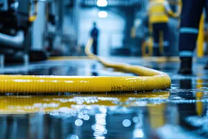 Leak detection in industrial parts washing systems showing water pooling on the floor