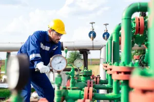 Technician monitoring pressure gauge during hydrostatic test