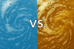 Side-by-side image showing water-based and solvent-based cleaning methods with “VS.” in the center