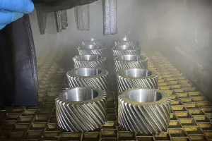 Gears cleaned with flash rust inhibitor cleaner to prevent corrosion after washing.