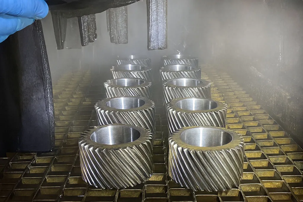 Gears cleaned with flash rust inhibitor cleaner to prevent corrosion after washing.