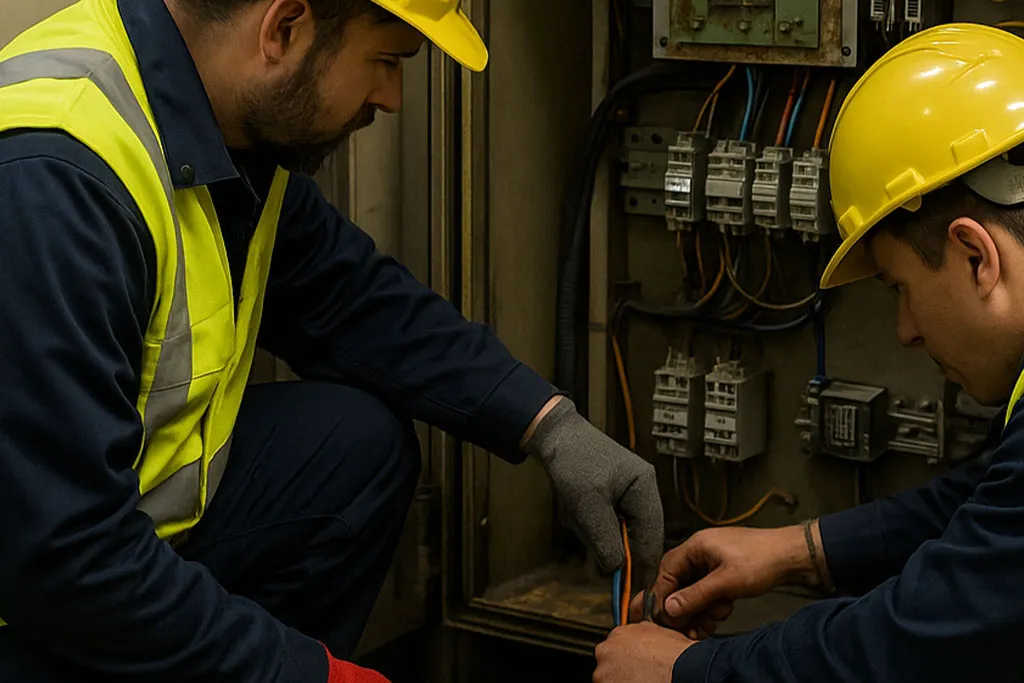 Maintenance crew repairing an electric panel in a subway station, highlighting corrosion protection for electronic components in rail systems.