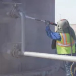 Trabajador realizando granallado húmedo en la pared de un tanque antes de pintar.