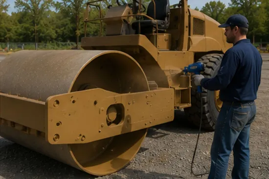 Weather Resistant Rust Preventative applied to a vibratory soil compactor during outdoor storage